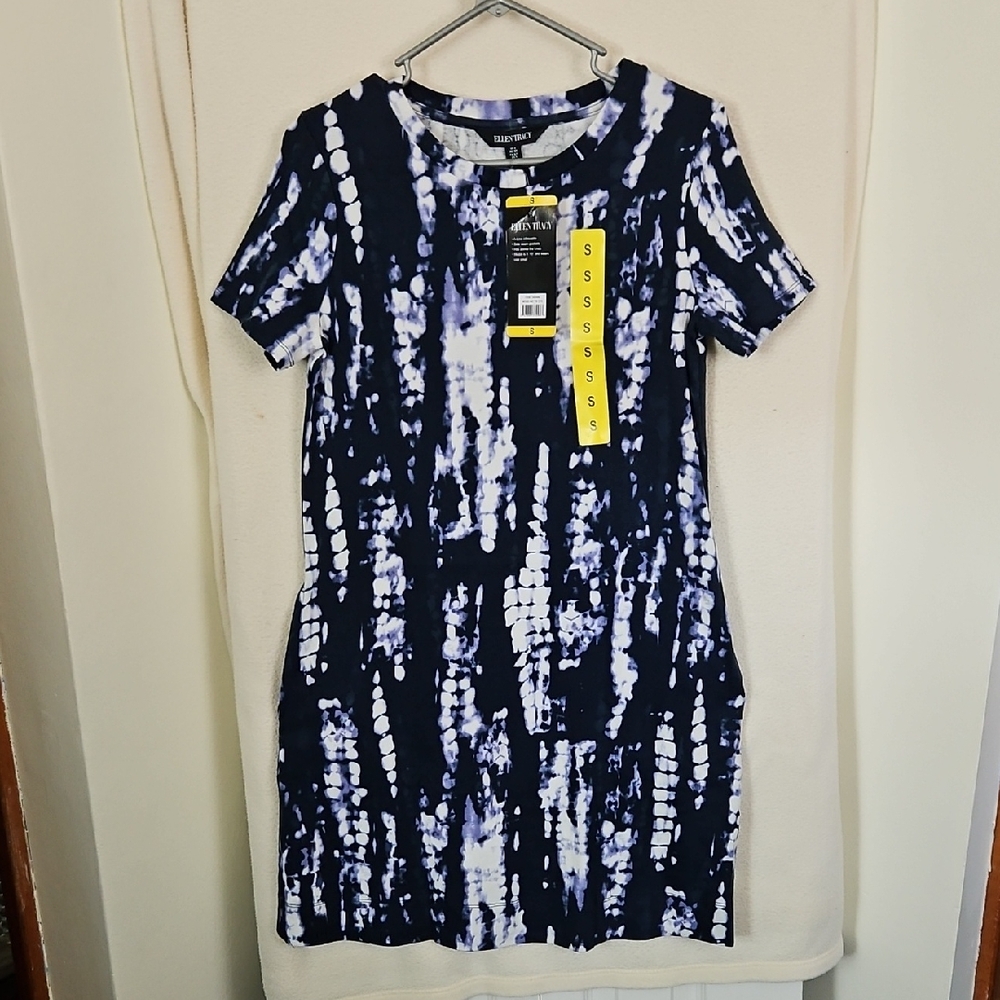 Ellen Tracy Navy and White Tie-Dye Dress
